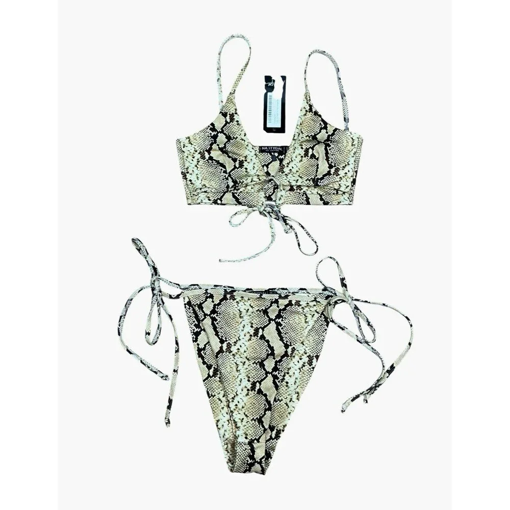 Nasty Gal Snake Print Black/Beige 2-Piece Bikini Tie Front Top Tie Side Bottom 8